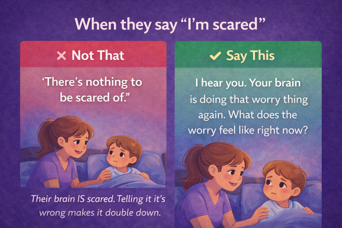 Illustration of a parent comforting a child with advice on how to respond when they say they are scared.