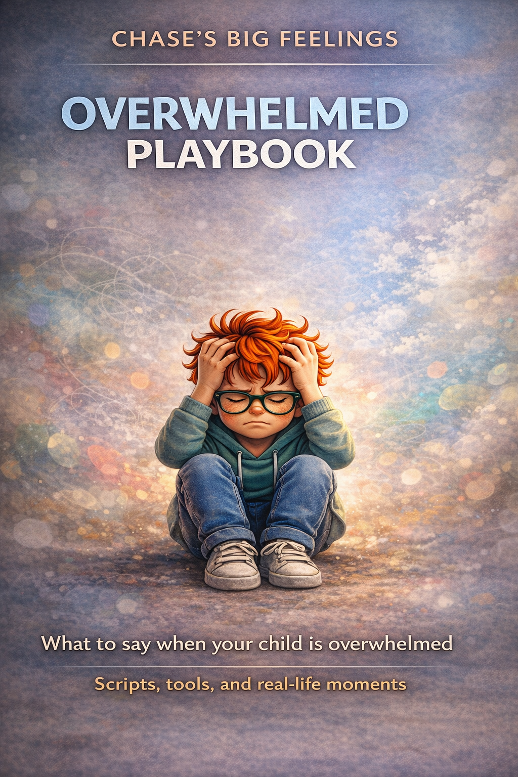 Book cover titled 'Overwhelmed Playbook' with a child sitting on the ground against a colorful background.