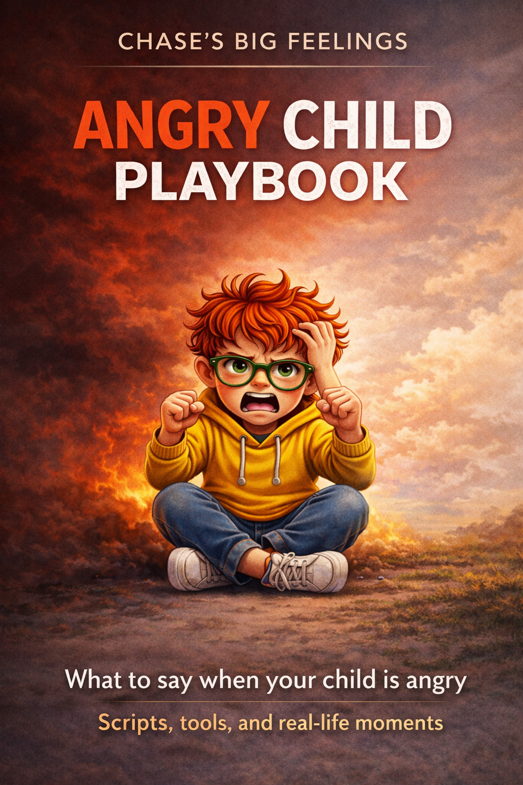 Book cover of 'Angry Child Playbook' with a child in an angry pose against a dramatic sky.